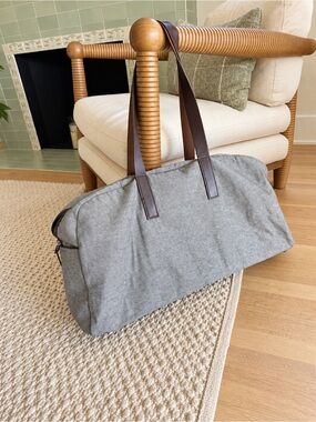 Everlane The Twill Weekender Gray Canvas Brown Leather Duffel Bag